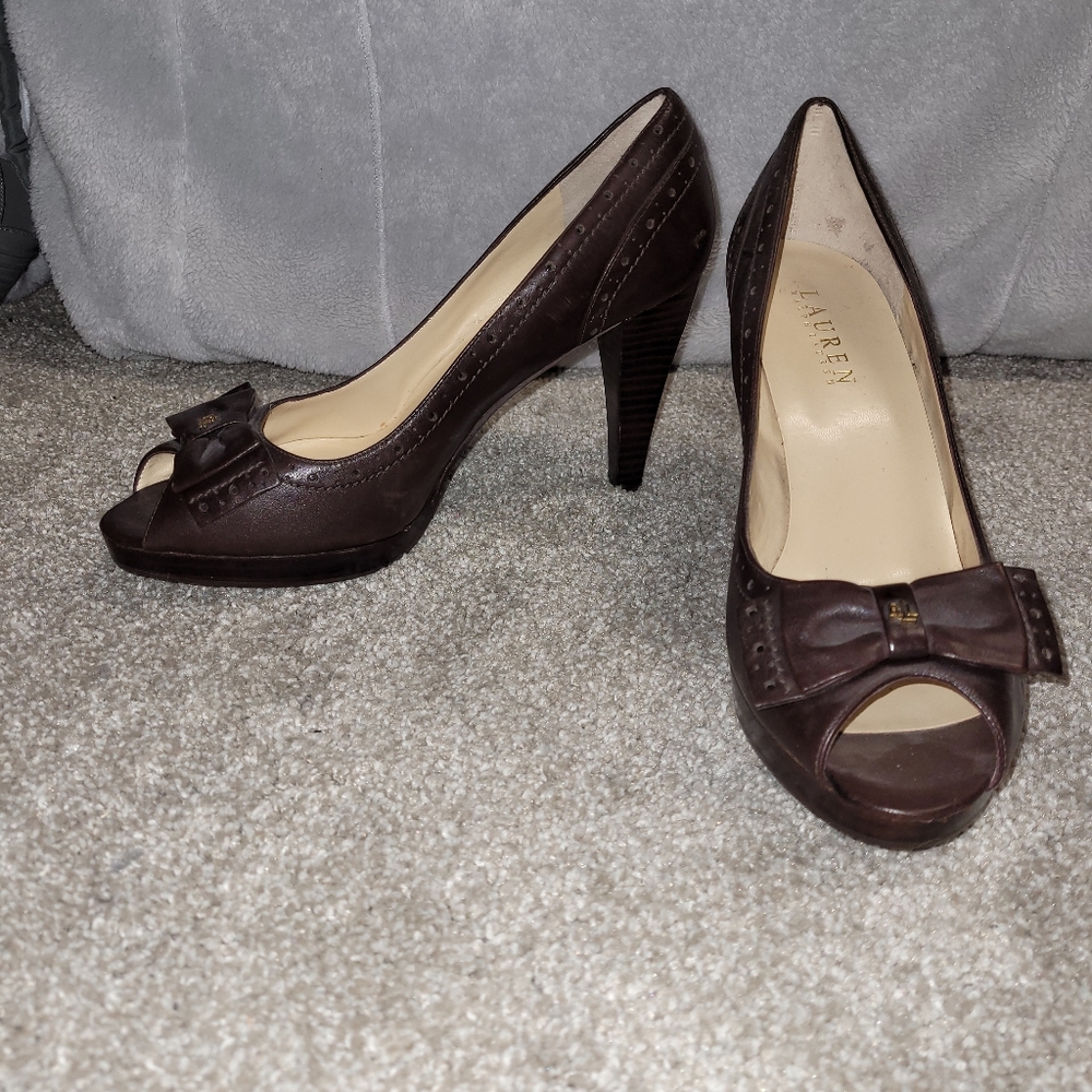 Ralph Lauren Brown peep toe heels.